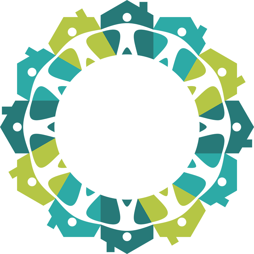 An icon of a circle of people in their homes holding hands.