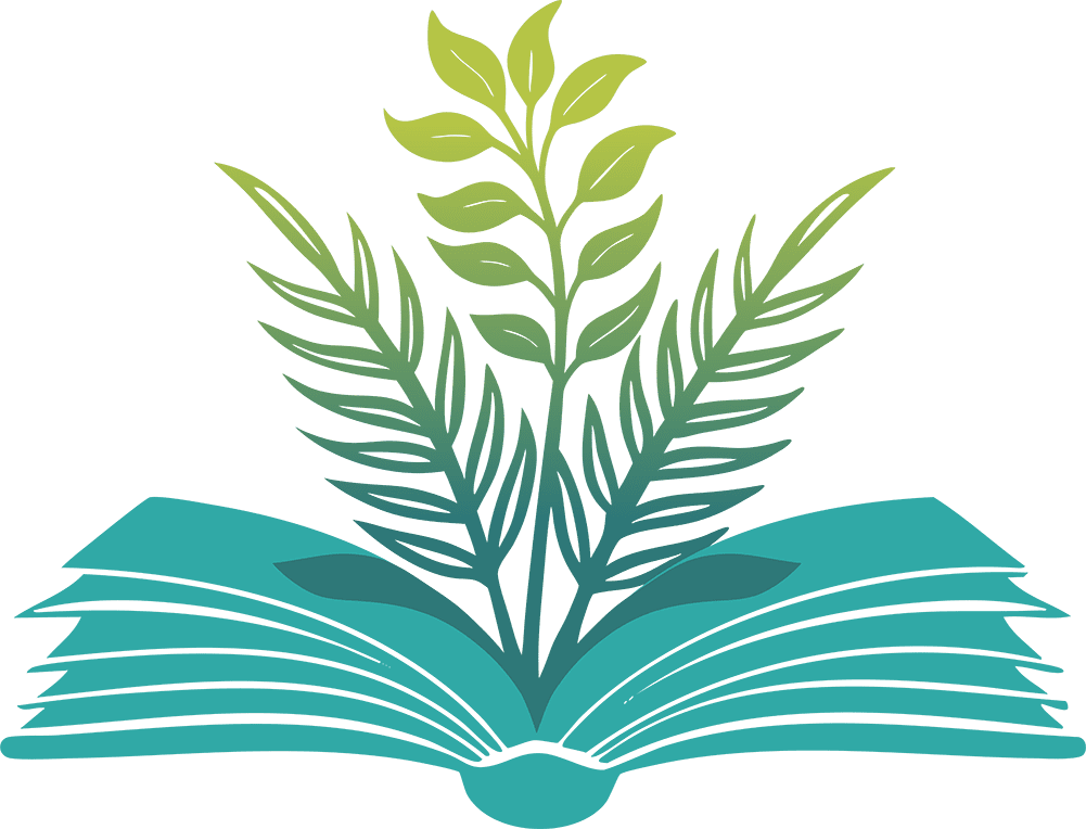 An icon with a book and some flowers sticking out of it.