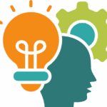 An icon with a light bulb and gear surrounding a persons head.