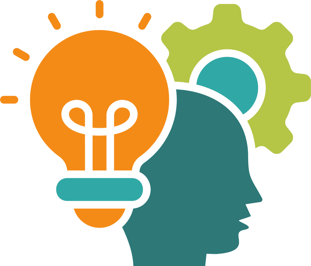An icon with a light bulb and gear surrounding a persons head.