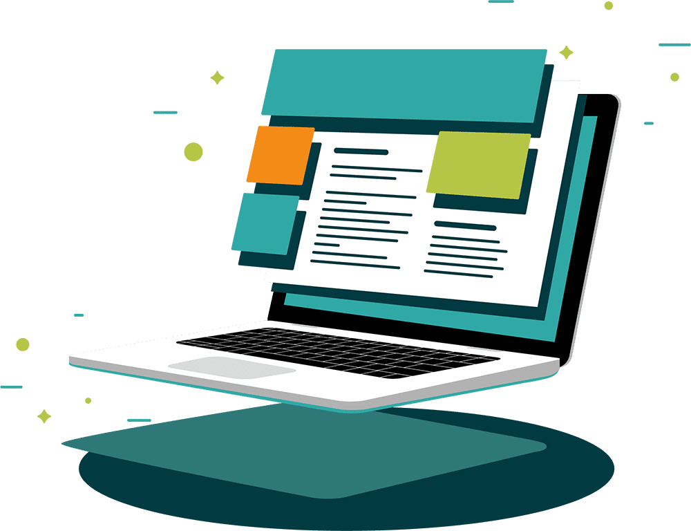 Icon with laptop floating and showcasing content.