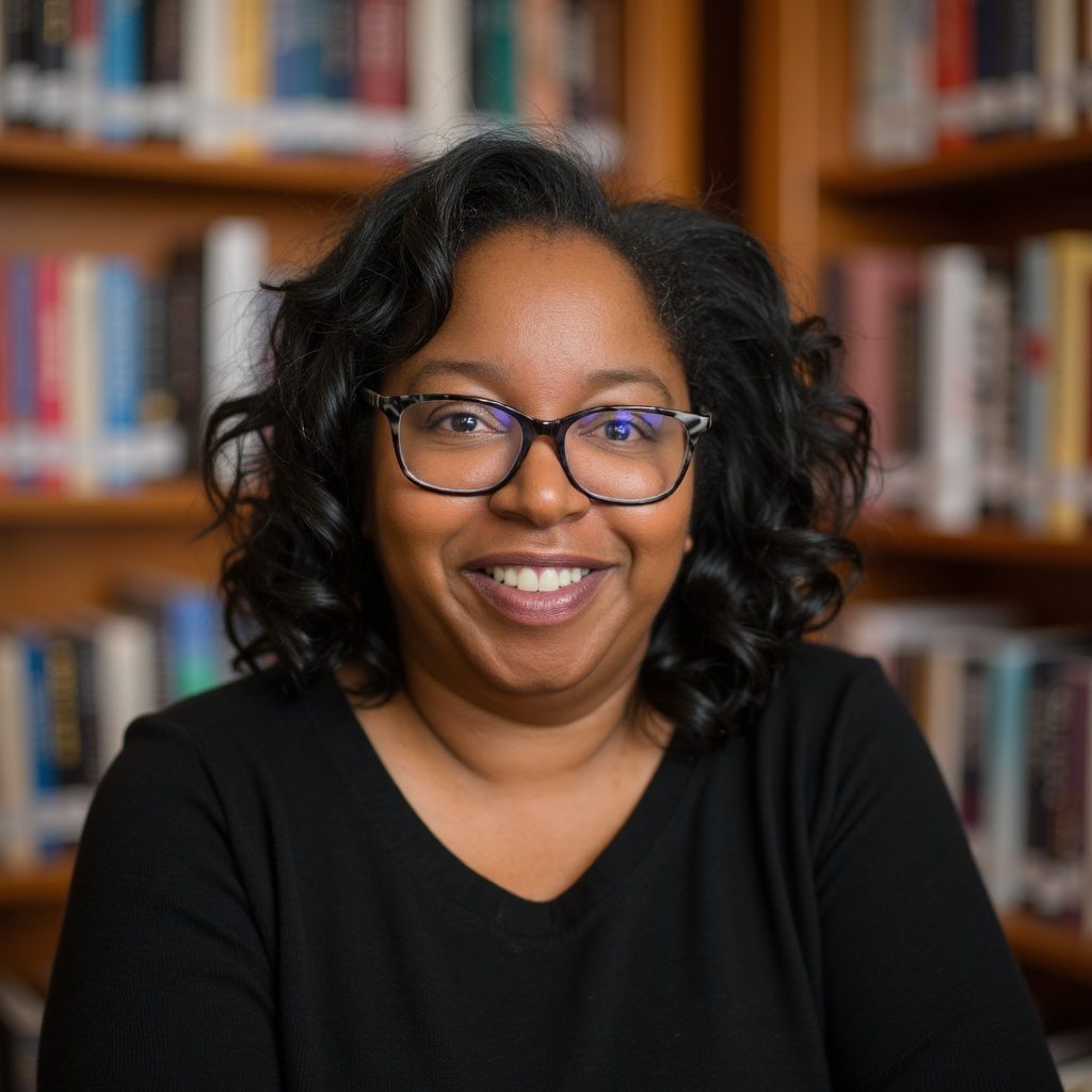 Image: Cheryl Mitchell, a black woman with dark-rimmed glasses and a black blouse smiling in front of a bookshelf.