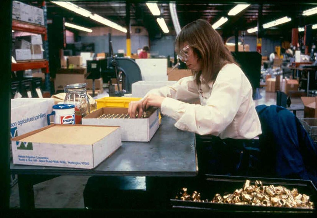 A woman employed in the workplace in 1985.