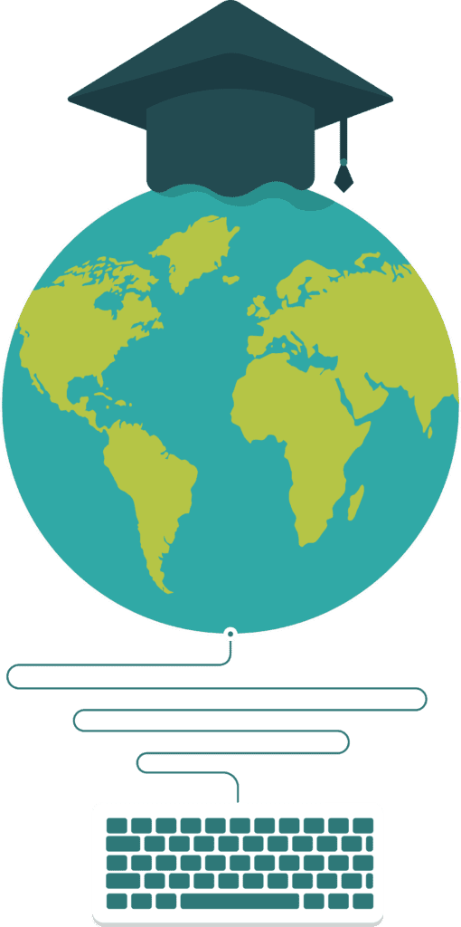 A graphic of a globe with a graduation cap, connected to a keyboard.