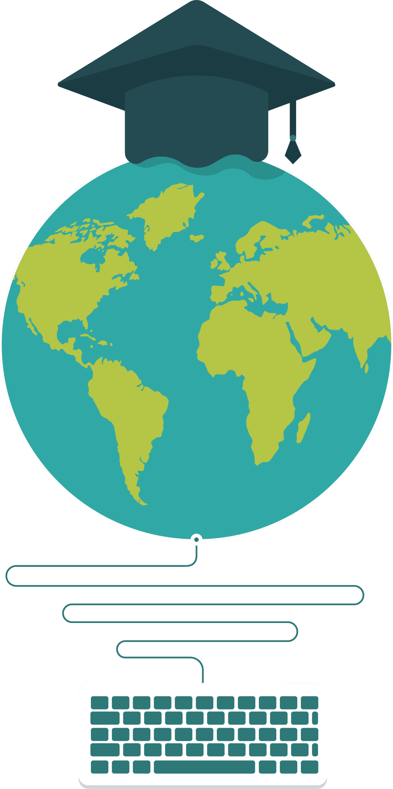 A graphic of a globe with a graduation cap, connected to a keyboard.